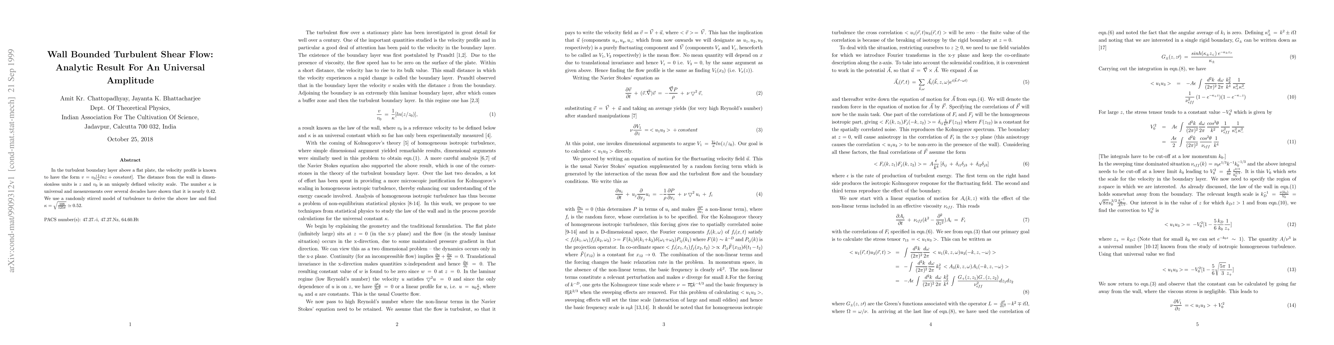 Thumbnail for Wall bounded turbulent shear flow: Analytic result for an universal
  amplitude