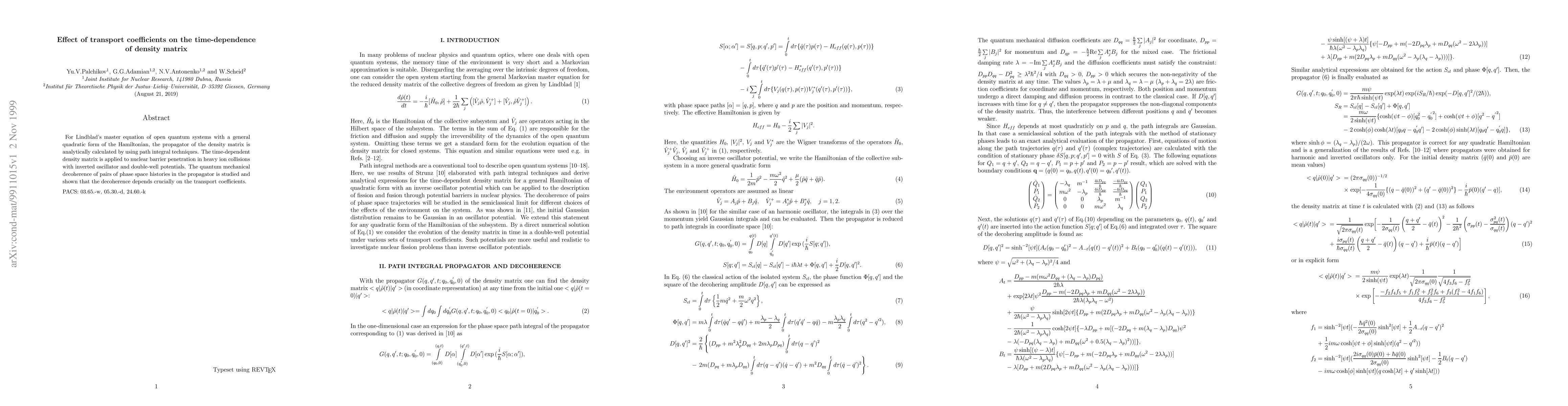 Thumbnail for Effect of transport coefficients on the time-dependence of density
  matrix