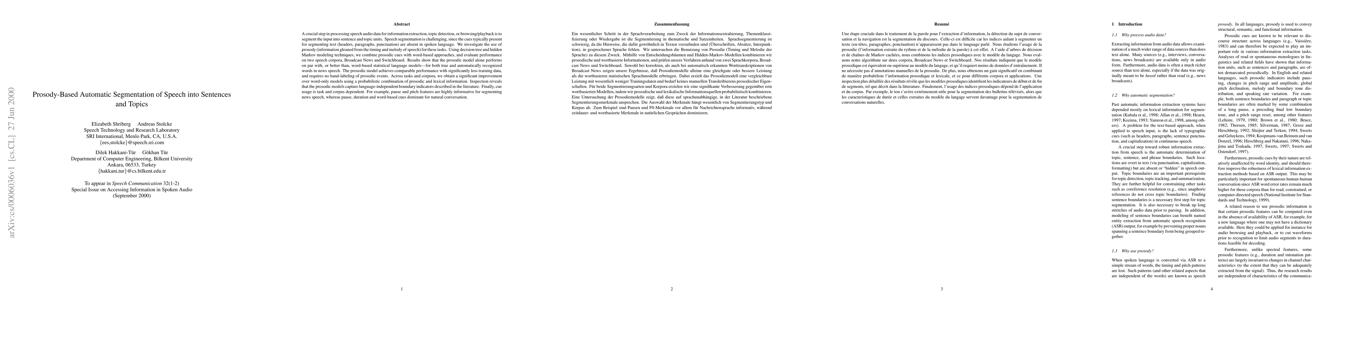 Thumbnail for Prosody-Based Automatic Segmentation of Speech into Sentences and Topics