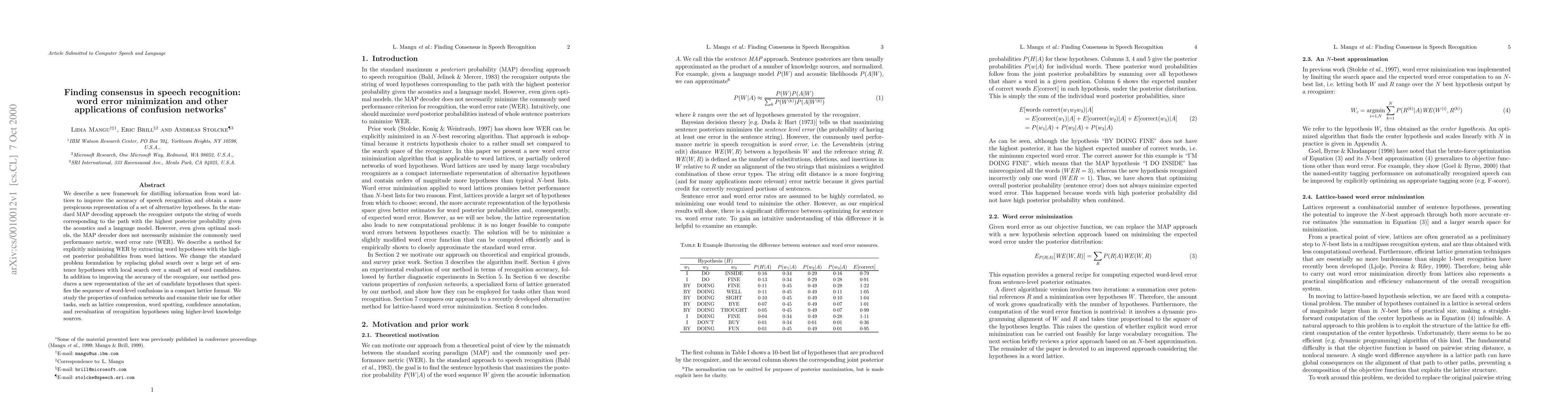 Thumbnail for Finding consensus in speech recognition: word error minimization and
  other applications of confusion networks