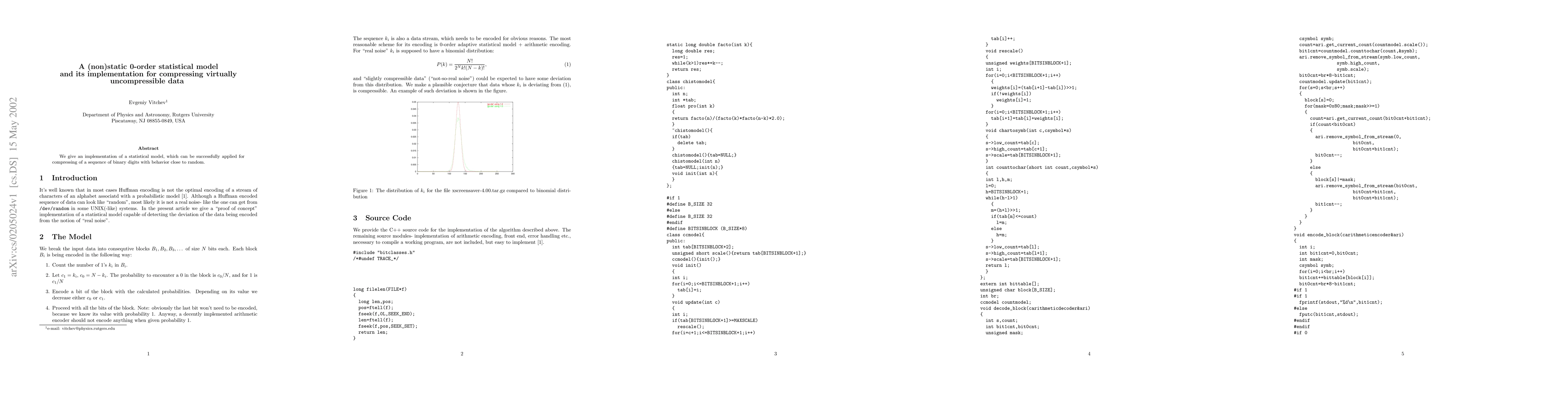 Thumbnail for A (non)static 0-order statistical model and its implementation for
  compressing virtually uncompressible data