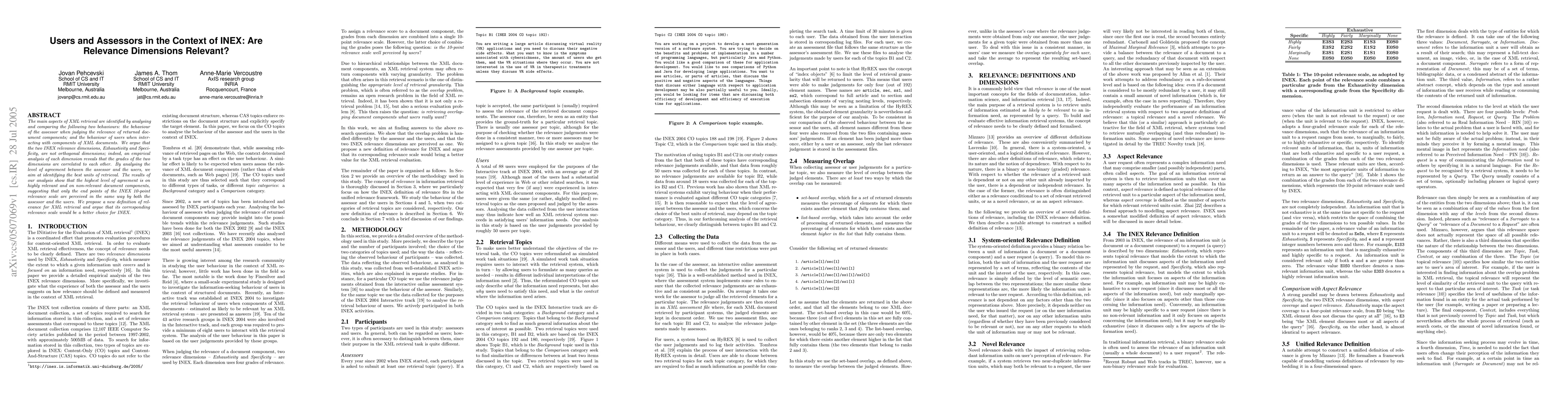Thumbnail for Users and Assessors in the Context of INEX: Are Relevance Dimensions
  Relevant?