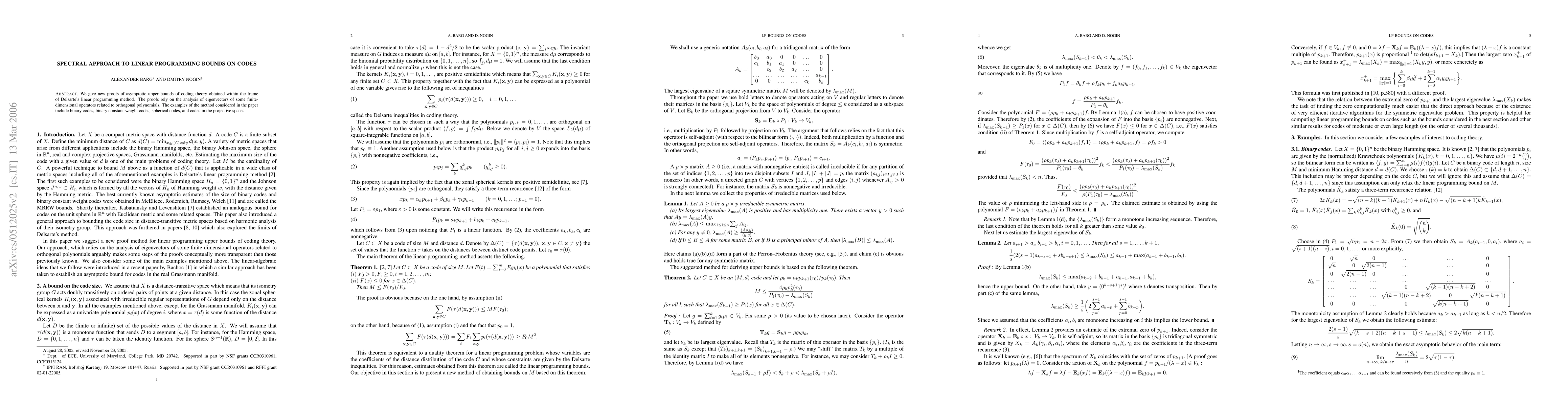 Thumbnail for Spectral approach to linear programming bounds on codes