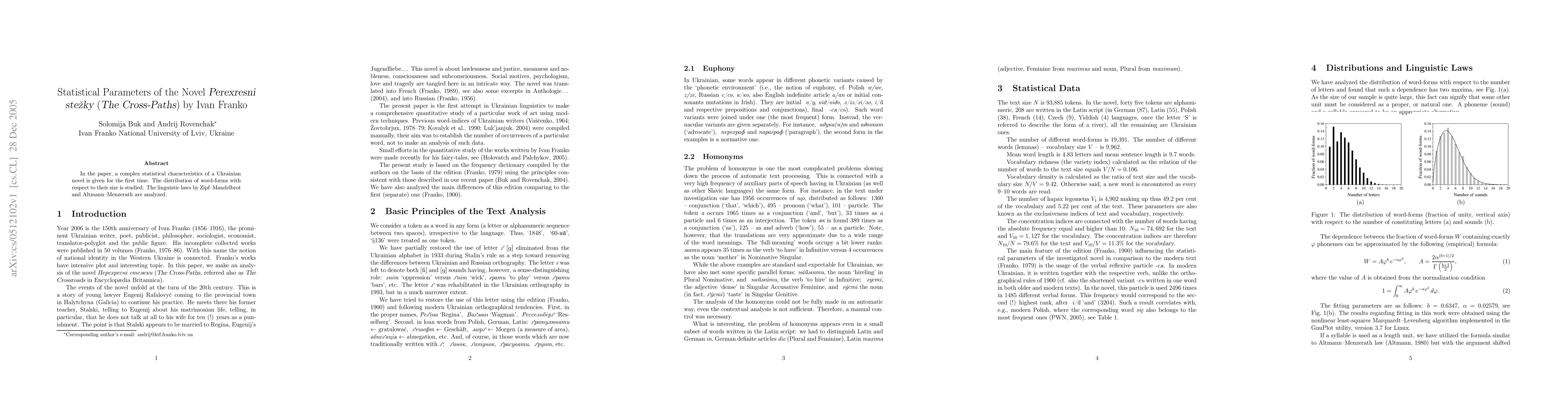 Thumbnail for Statistical Parameters of the Novel "Perekhresni stezhky" ("The
  Cross-Paths") by Ivan Franko