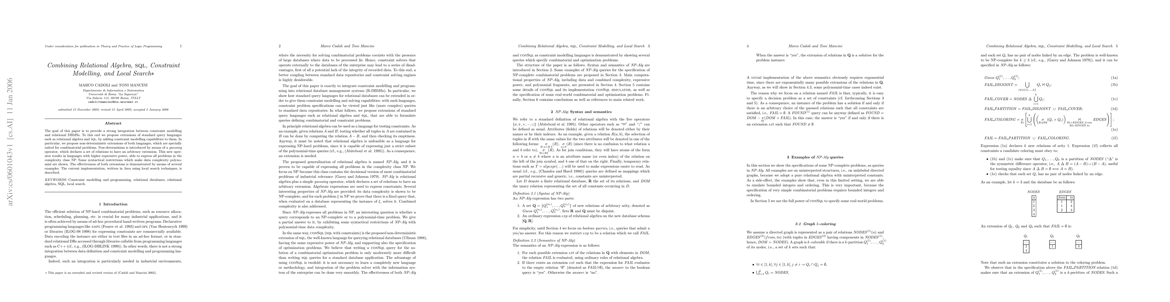 Thumbnail for Combining Relational Algebra, SQL, Constraint Modelling, and Local
  Search