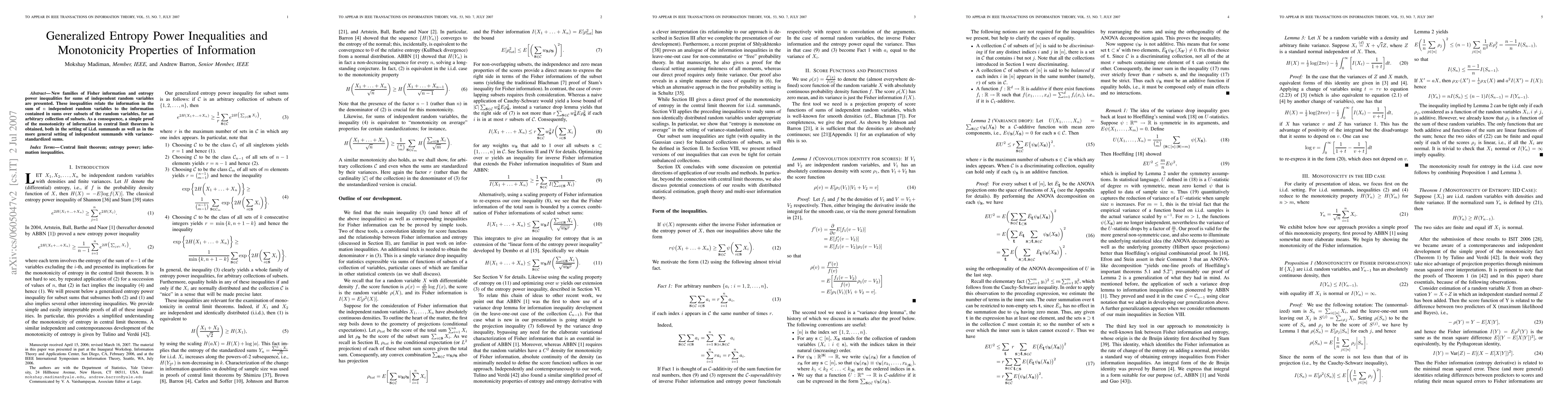 Thumbnail for Generalized Entropy Power Inequalities and Monotonicity Properties of
  Information