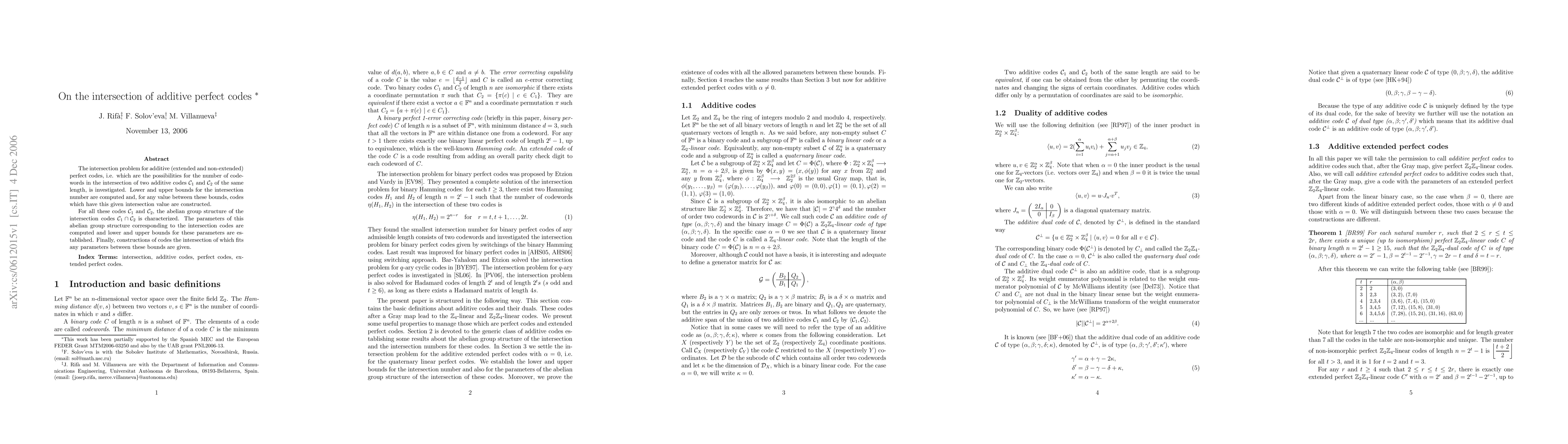Thumbnail for On the intersection of additive perfect codes