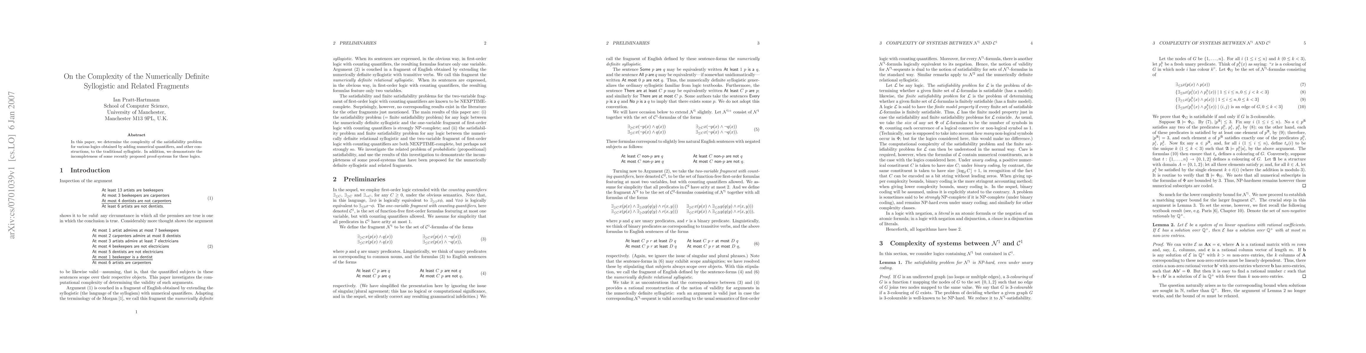 Thumbnail for On the Complexity of the Numerically Definite Syllogistic and Related
  Fragments