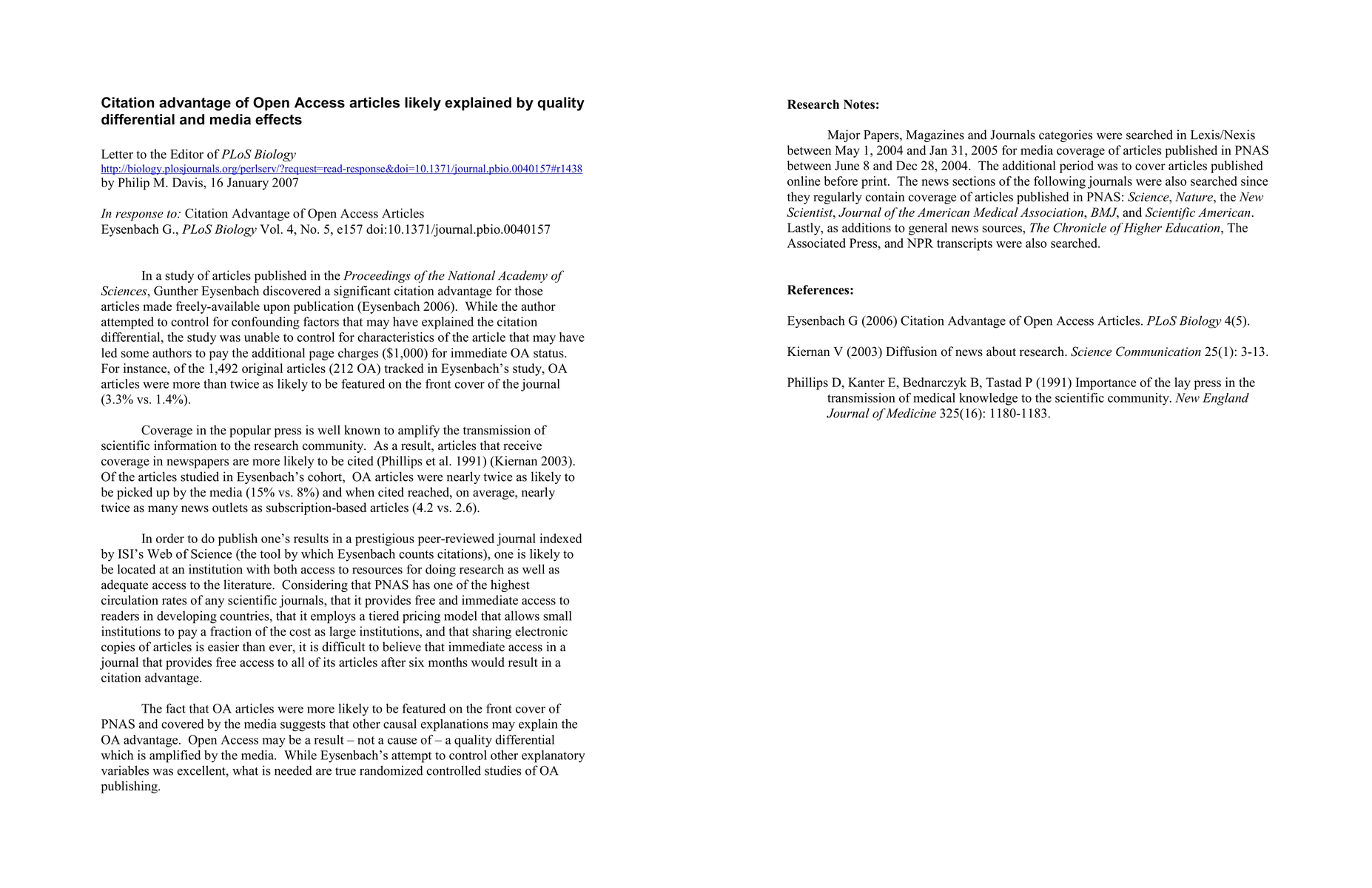 Thumbnail for Citation advantage of Open Access articles likely explained by quality
  differential and media effects