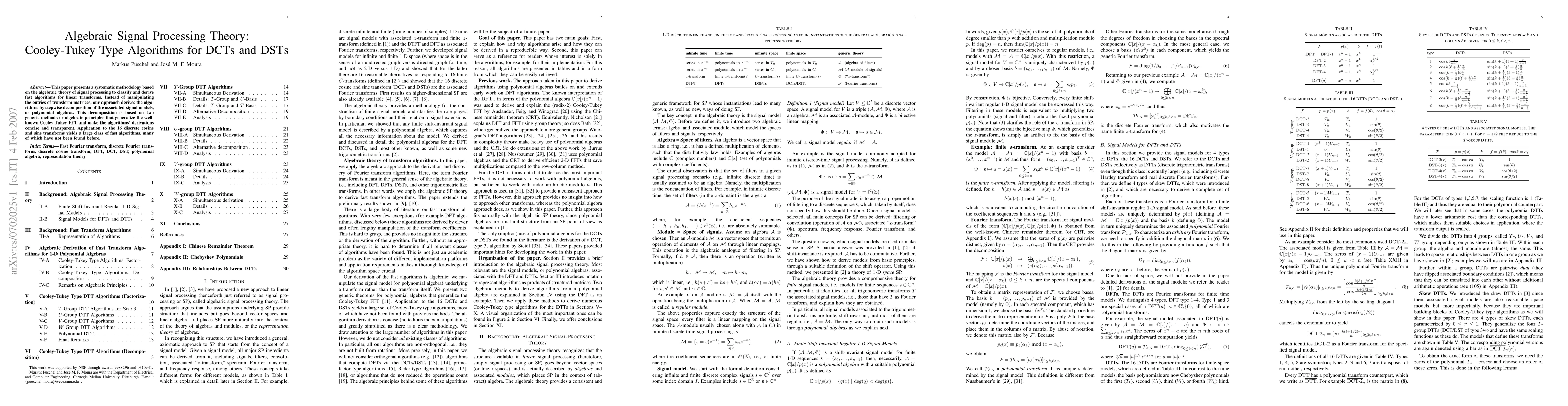 Thumbnail for Algebraic Signal Processing Theory: Cooley-Tukey Type Algorithms for
  DCTs and DSTs