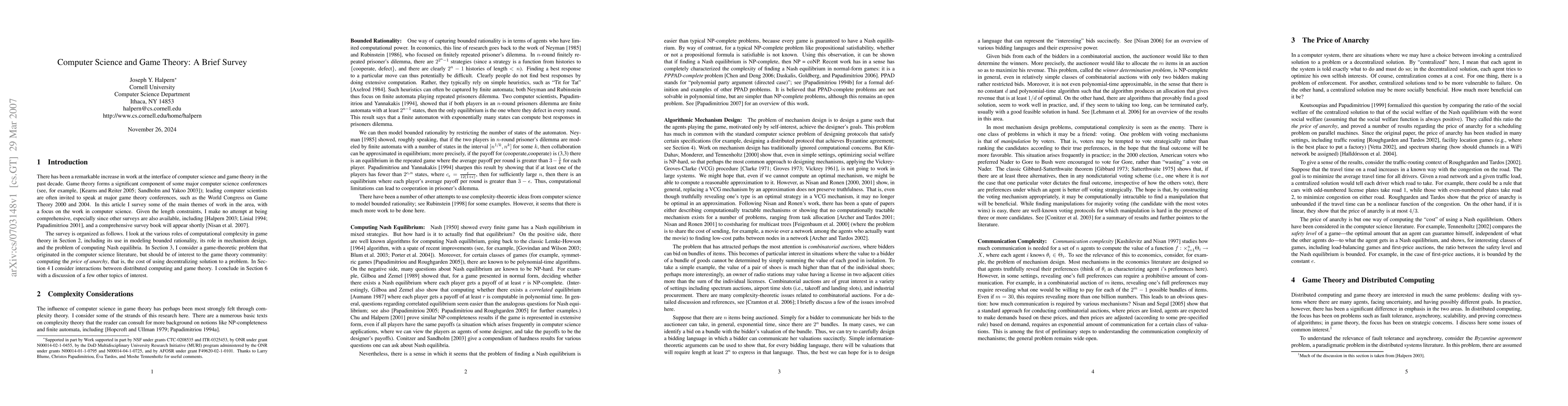 Thumbnail for Computer Science and Game Theory: A Brief Survey