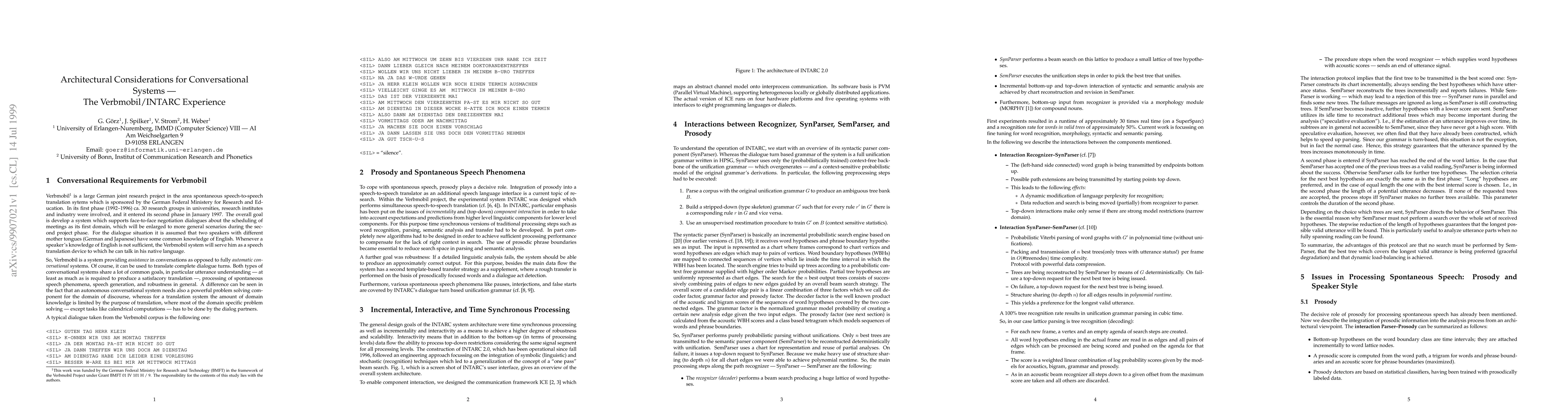 Thumbnail for Architectural Considerations for Conversational Systems -- The
  Verbmobil/INTARC Experience