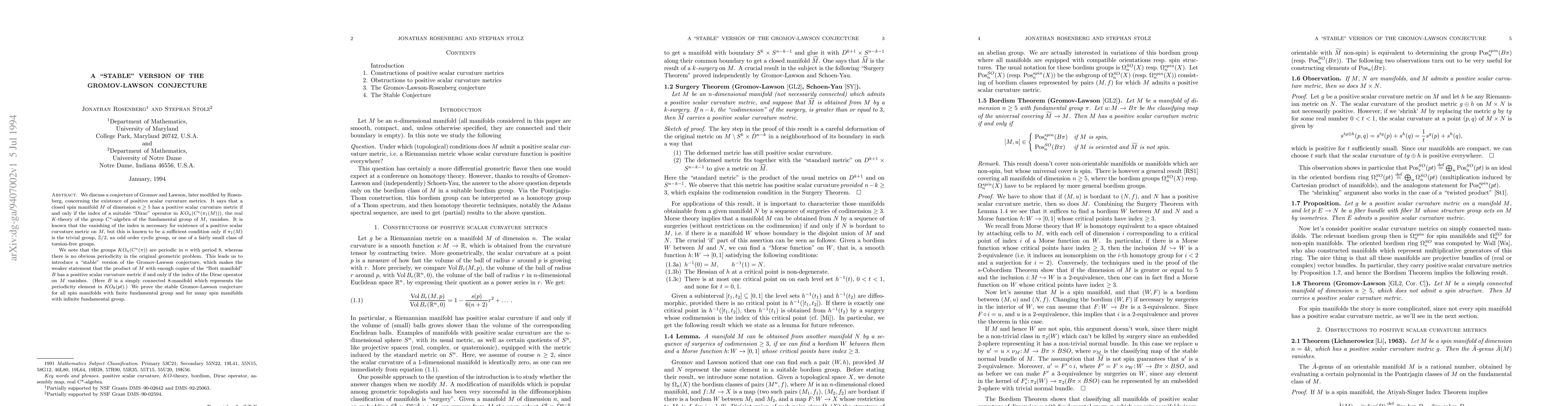 Thumbnail for A ``stable'' version of the Gromov-Lawson conjecture