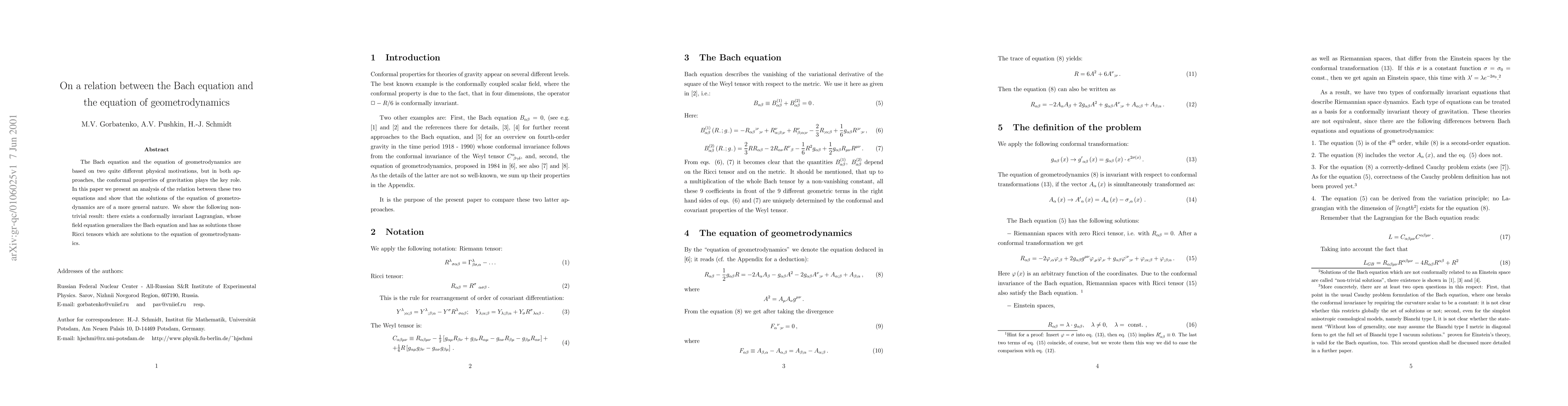 Thumbnail for On a relation between the Bach equation and the equation of
  geometrodynamics