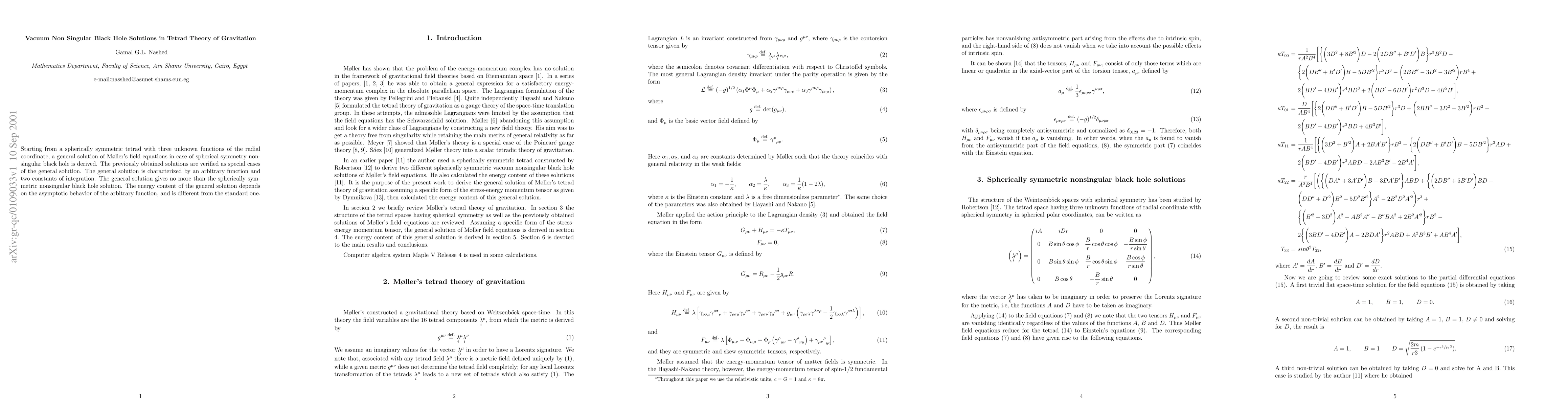 Thumbnail for Vacuum Non Singular Black Hole Solutions in Tetrad Theory of Gravitation