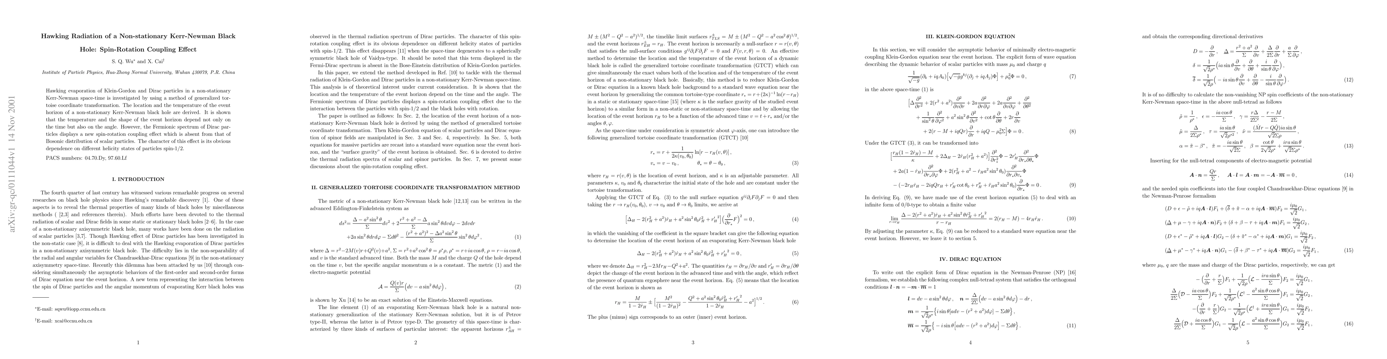 Thumbnail for Hawking Radiation of a Non-stationary Kerr-Newman Black Hole:
  Spin-Rotation Coupling Effect