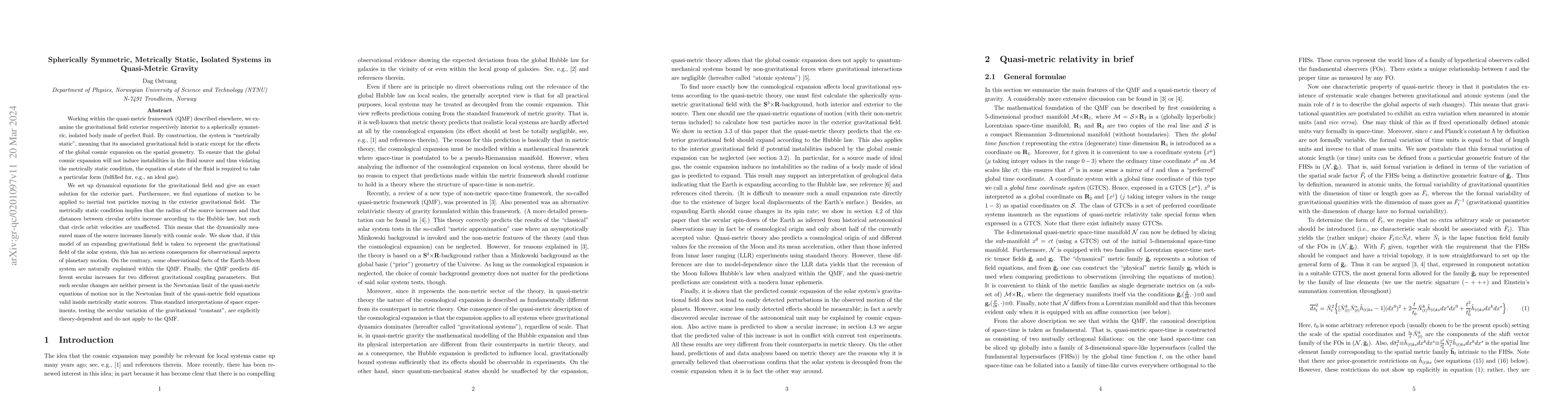Thumbnail for Spherically Symmetric, Metrically Static, Isolated Systems in
  Quasi-Metric Gravity
