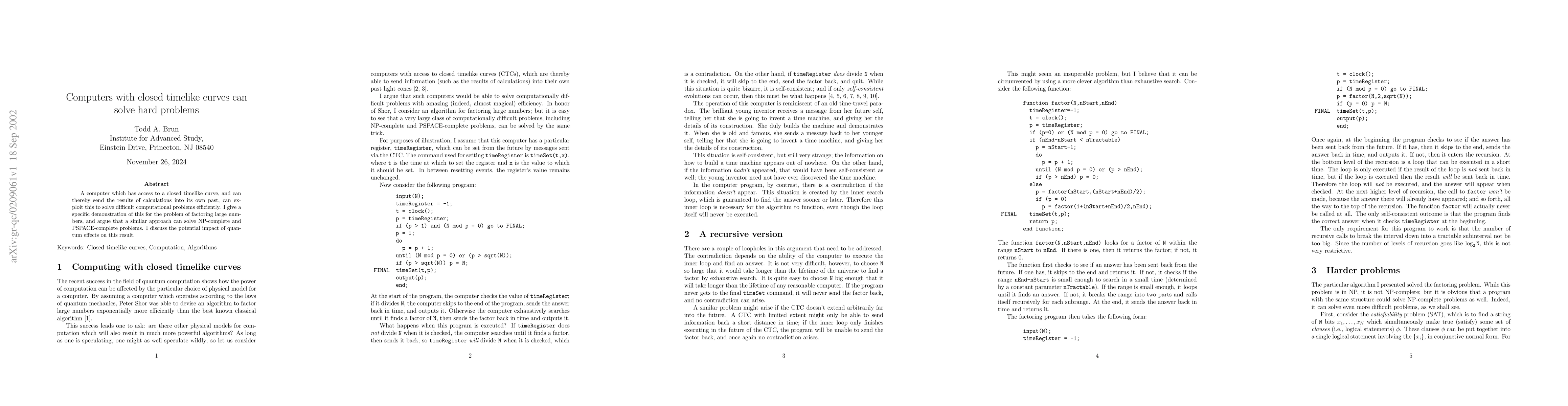 Thumbnail for Computers with closed timelike curves can solve hard problems