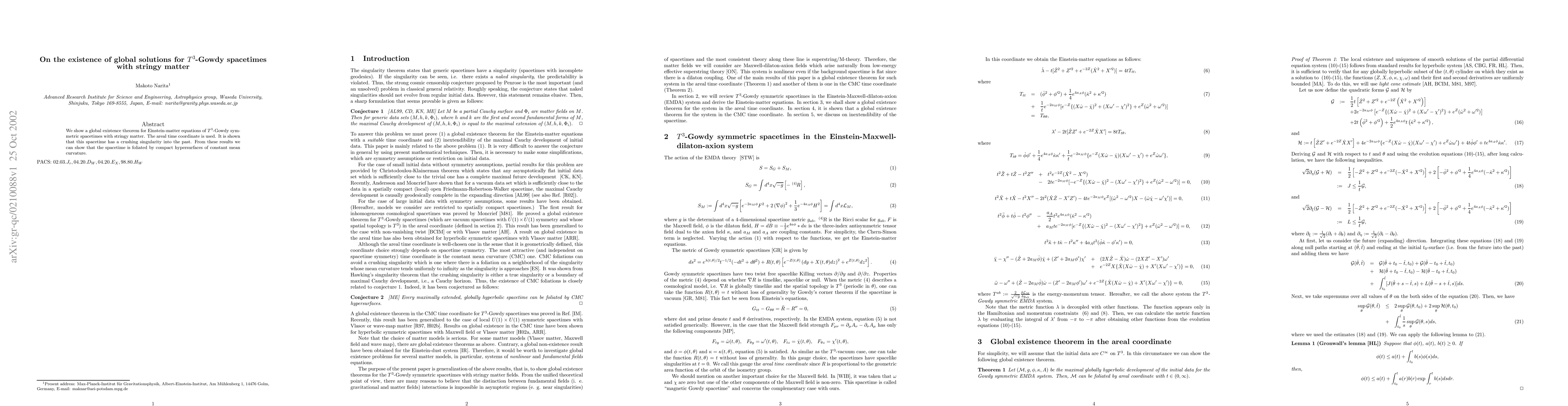 Thumbnail for On the existence of global solutions for $T^{3}$-Gowdy spacetimes with
  stringy matter
