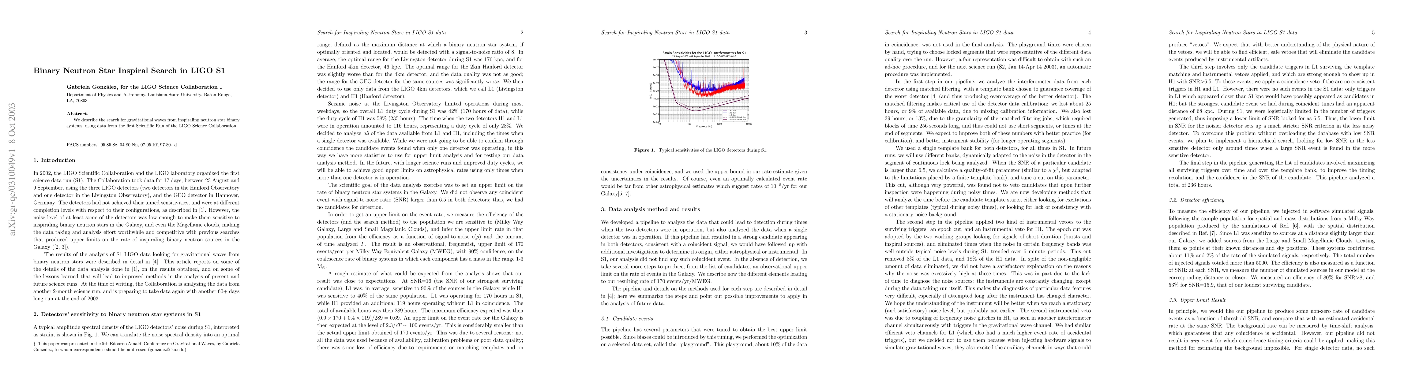 Thumbnail for Binary Neutron Star Inspiral Search in LIGO S1