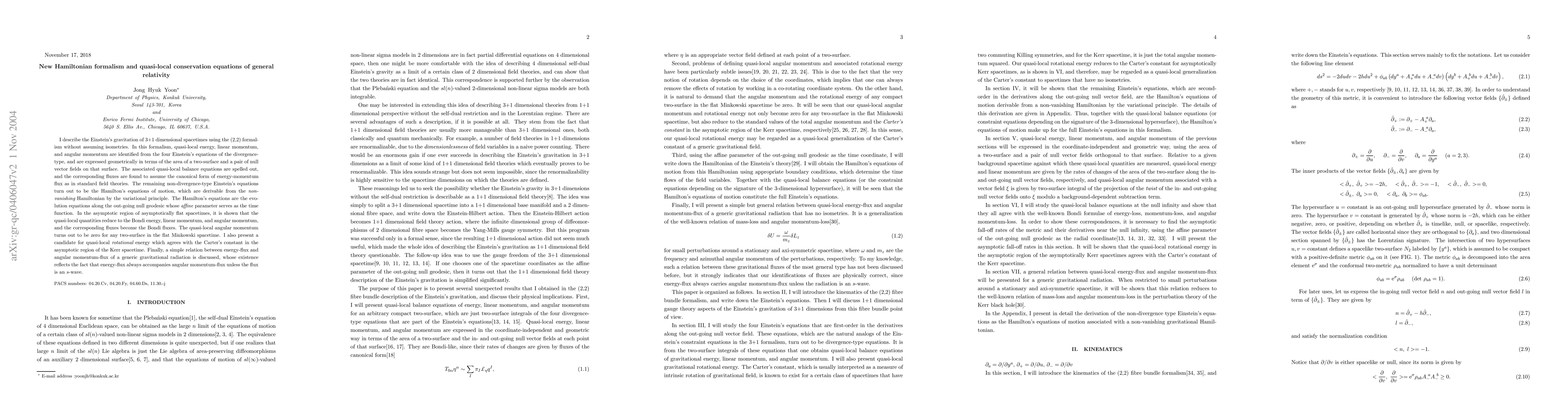 Thumbnail for New Hamiltonian formalism and quasi-local conservation equations of
  general relativity