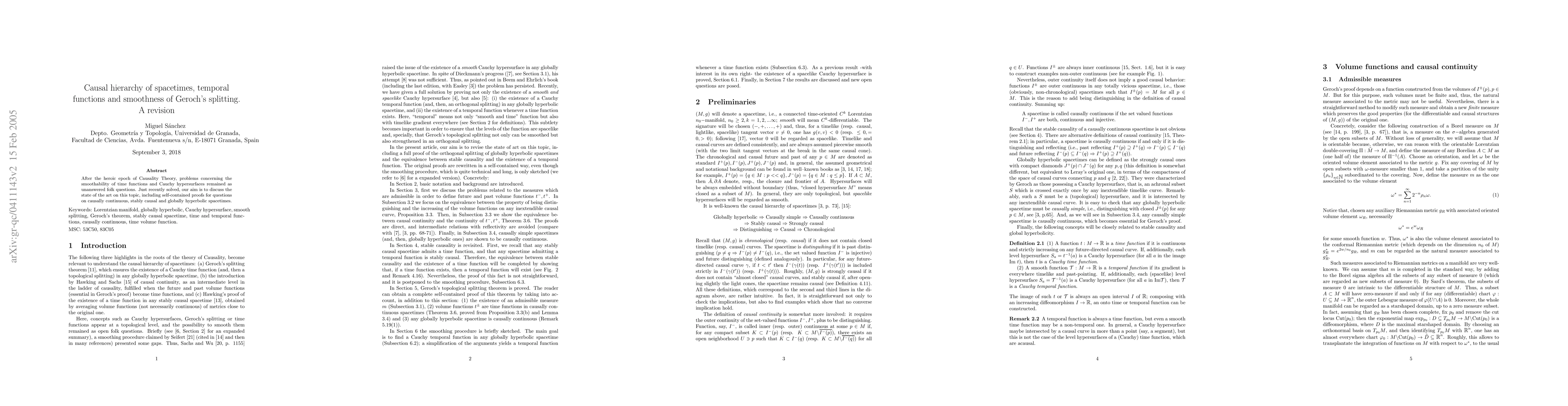 Thumbnail for Causal hierarchy of spacetimes, temporal functions and smoothness of
  Geroch's splitting. A revision