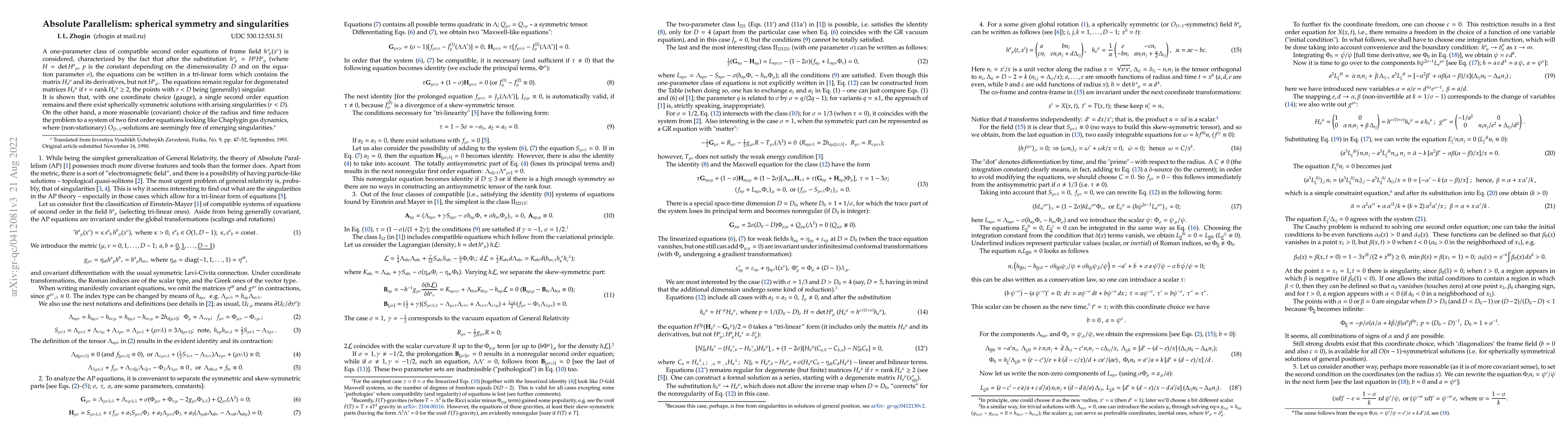 Thumbnail for Absolute Parallelism: Spherical Symmetry and Singularities