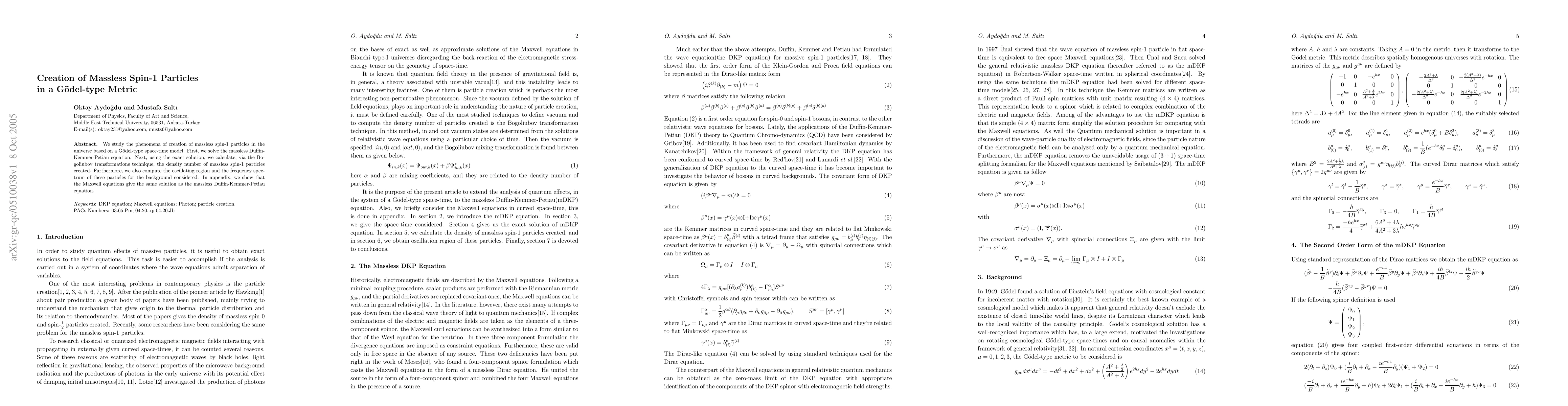 Thumbnail for Creation of Massless Spin-1 Particles in a Godel-type Metric