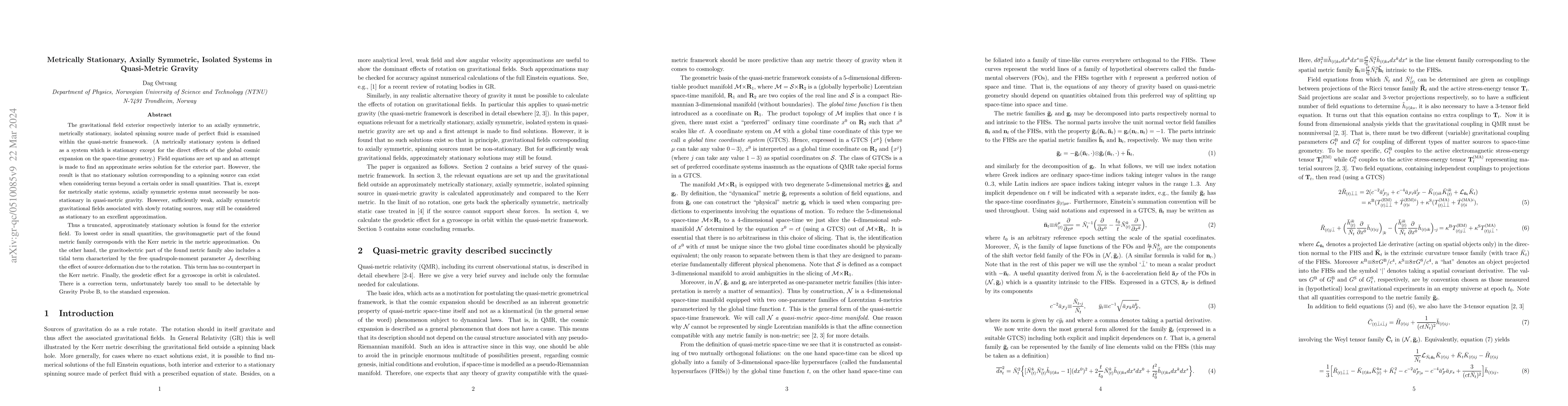 Thumbnail for Metrically Stationary, Axially Symmetric, Isolated Systems in
  Quasi-Metric Gravity