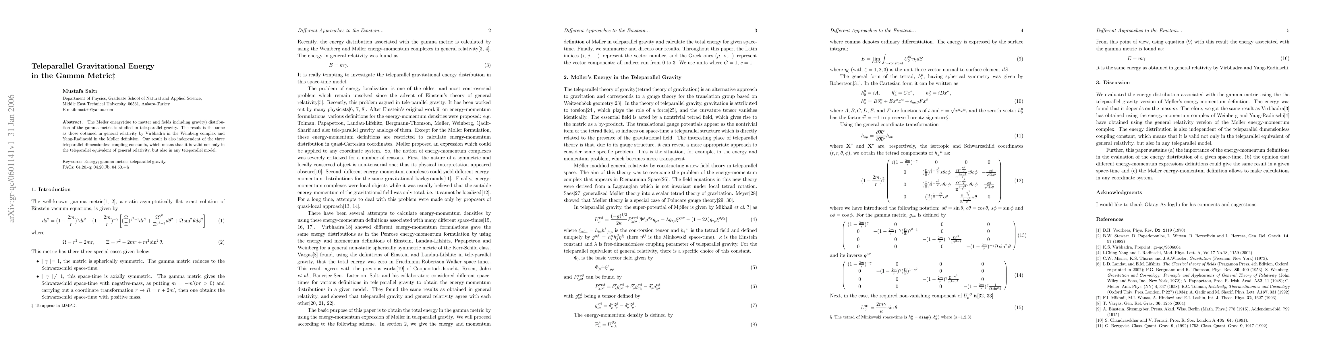 Thumbnail for Teleparallel Gravitational Energy in the Gamma Metric
