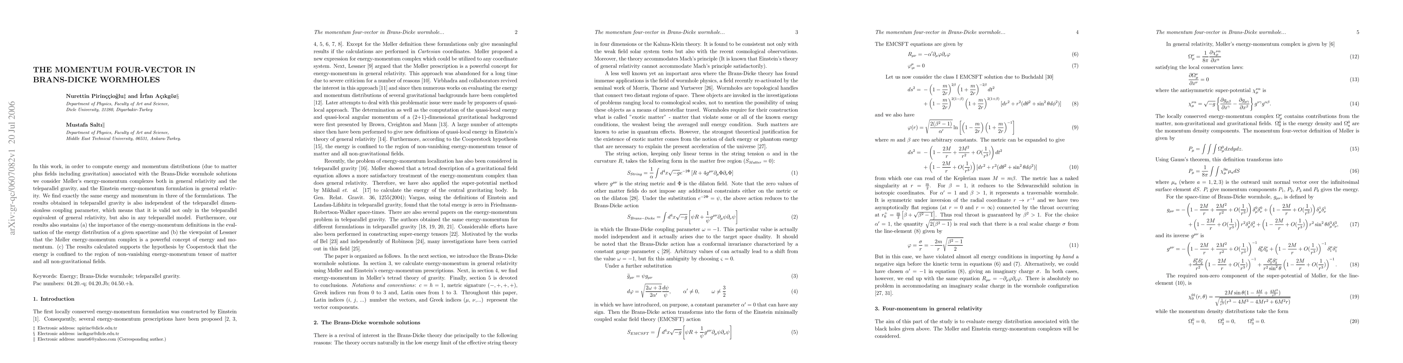 Thumbnail for The Momentum Four-Vector in Brans-Dicke Wormholes