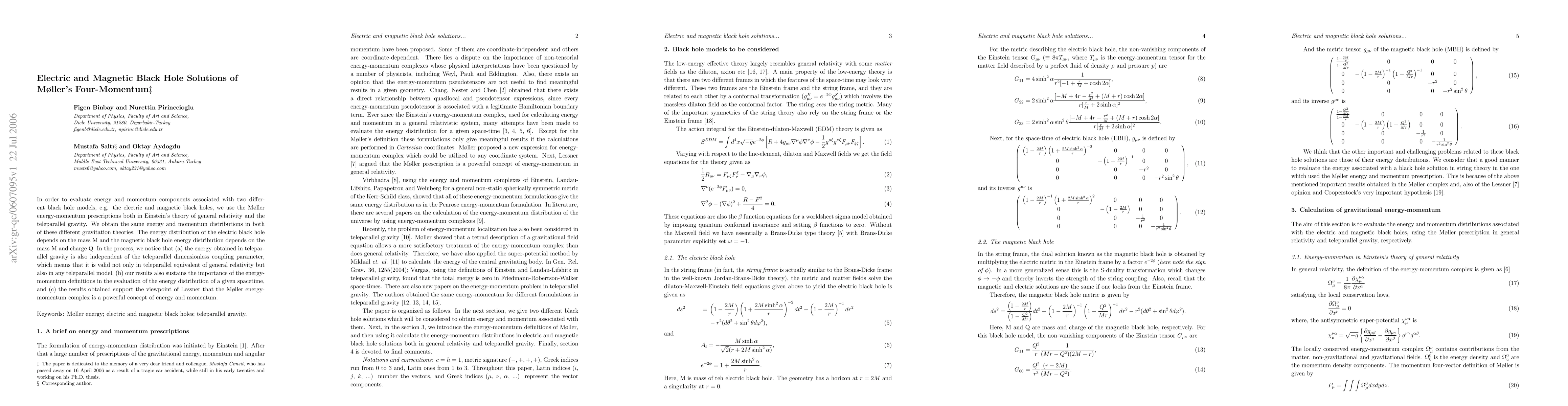 Thumbnail for Electric and Magnetic Black Hole Solutions of Moller's Four-Momentum