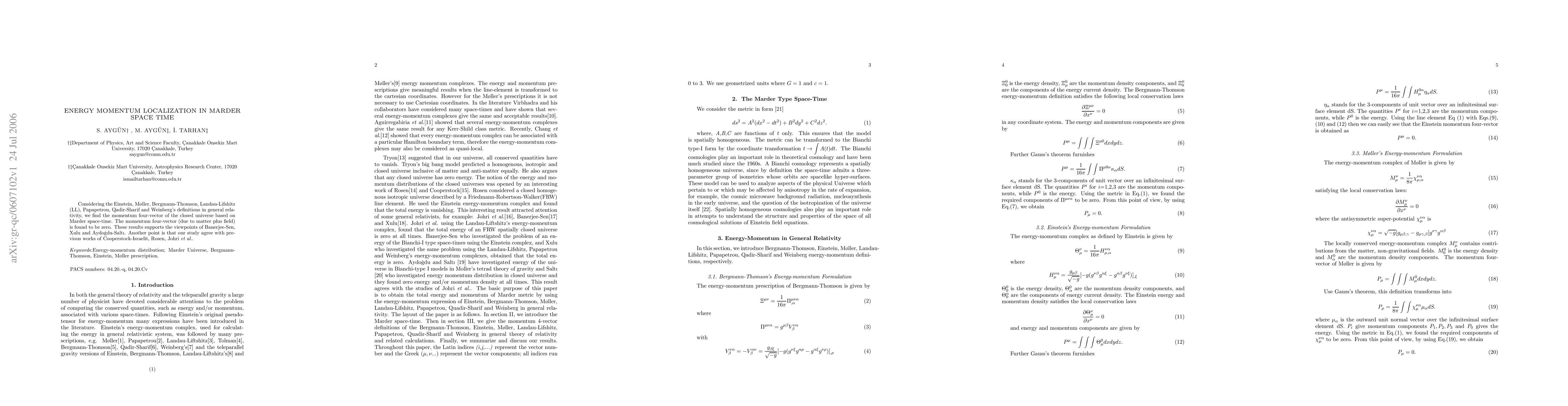 Thumbnail for Energy Momentum Localization in Marder Space-Time