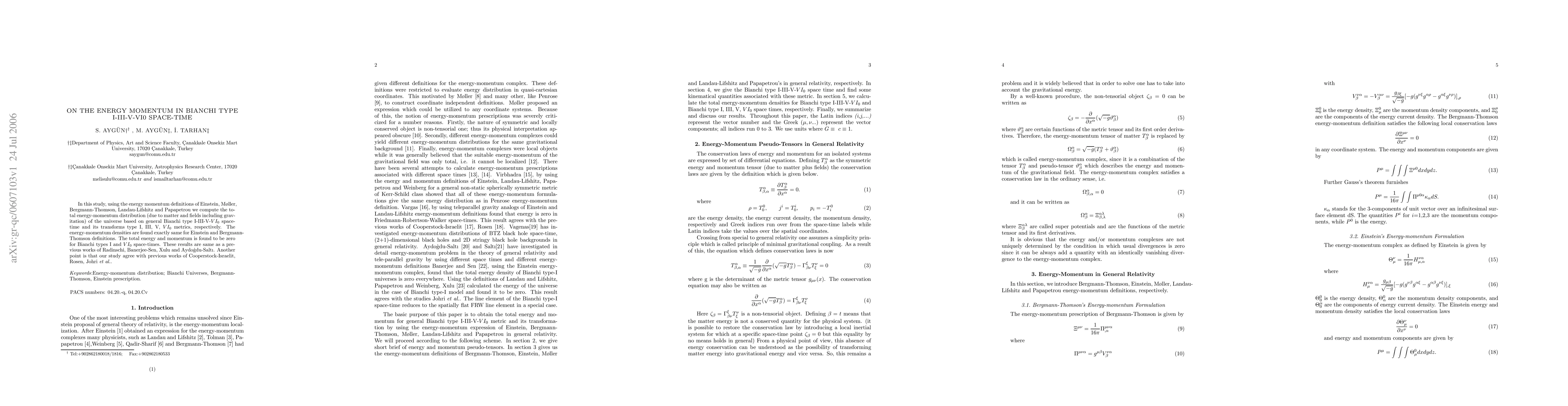 Thumbnail for On the Energy Momentum in Bianchi Type I-III-V-VI0 Space-Time