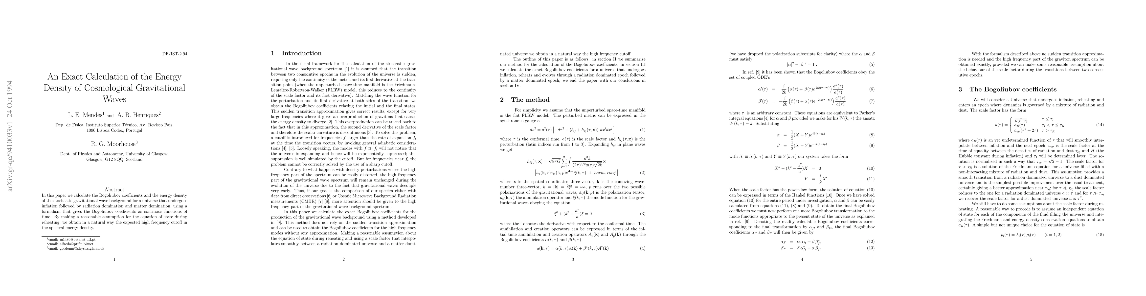 Thumbnail for An Exact Calculation of the Energy Density of Cosmological Gravitational
  Waves