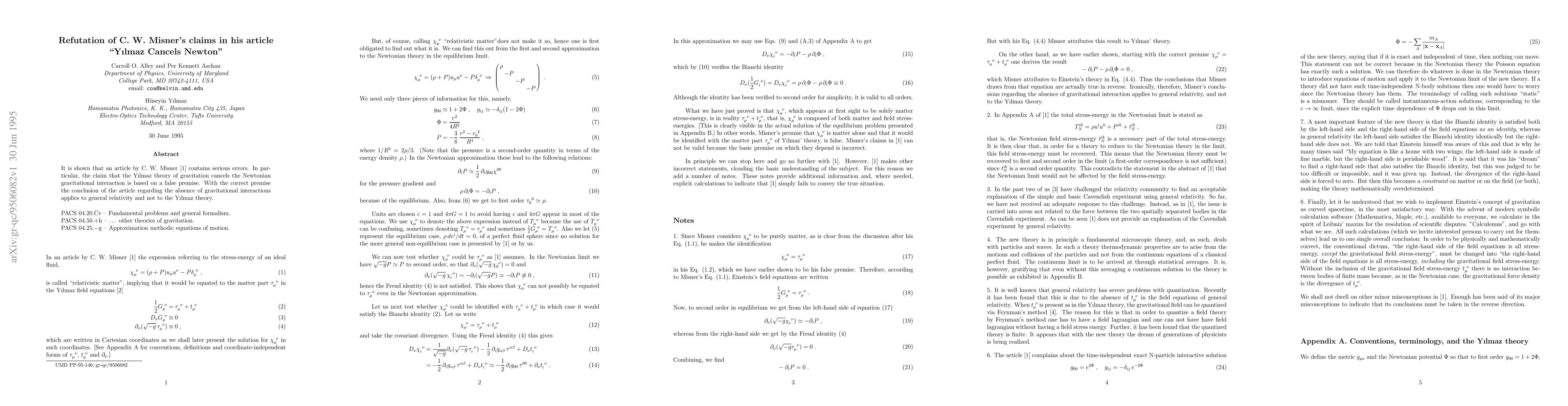 Thumbnail for Refutation of C. W. Misner's claims in his article "Yilmaz Cancels
  Newton''