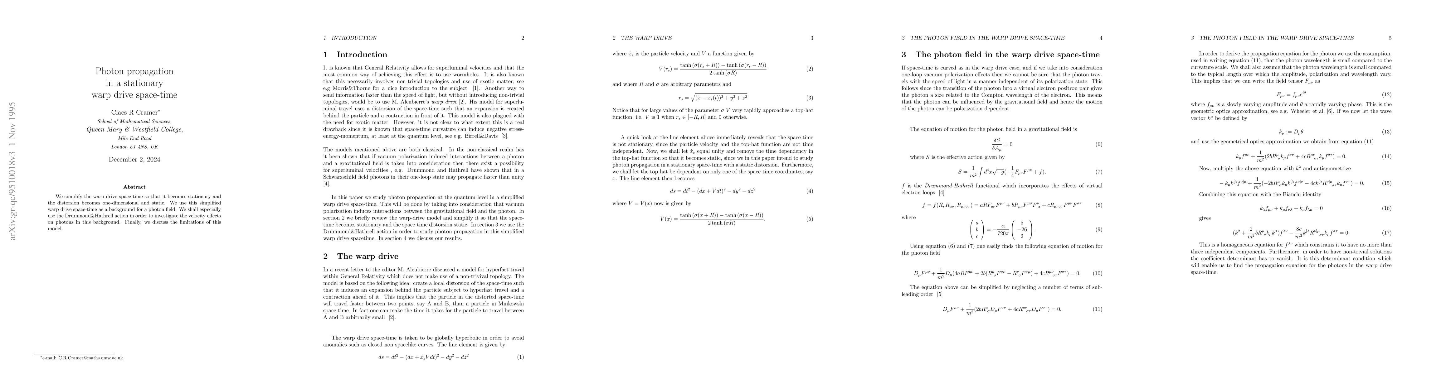 Thumbnail for Photon propagation in a stationary warp drive space-time