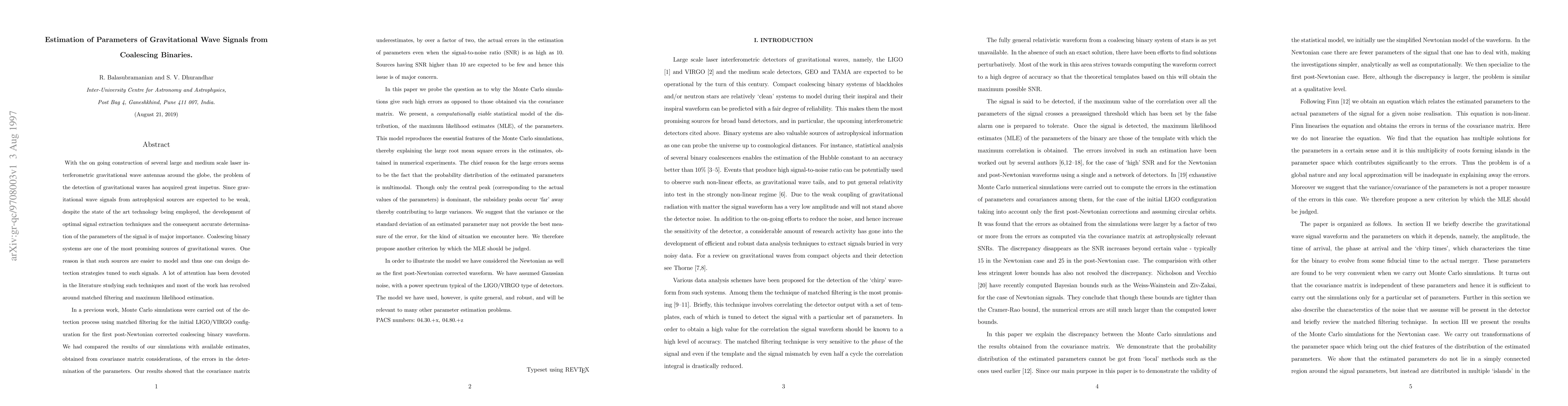 Thumbnail for Estimation of parameters of gravitational waves from coalescing binaries