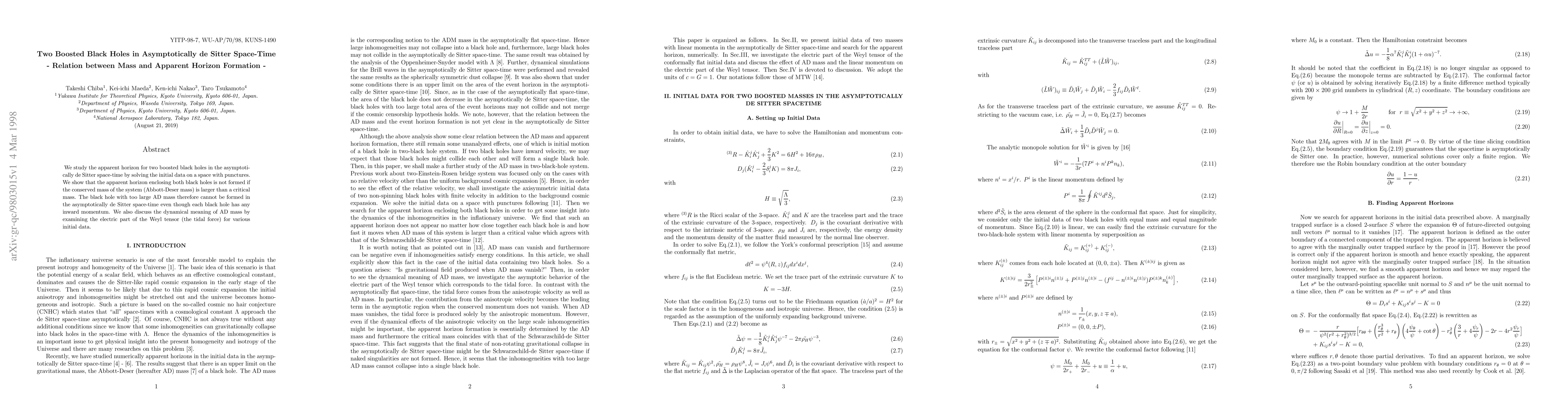 Thumbnail for Two Boosted Black Holes in Asymptotically de Sitter Space-Time -
  Relation between Mass and Apparent Horizon Formation -