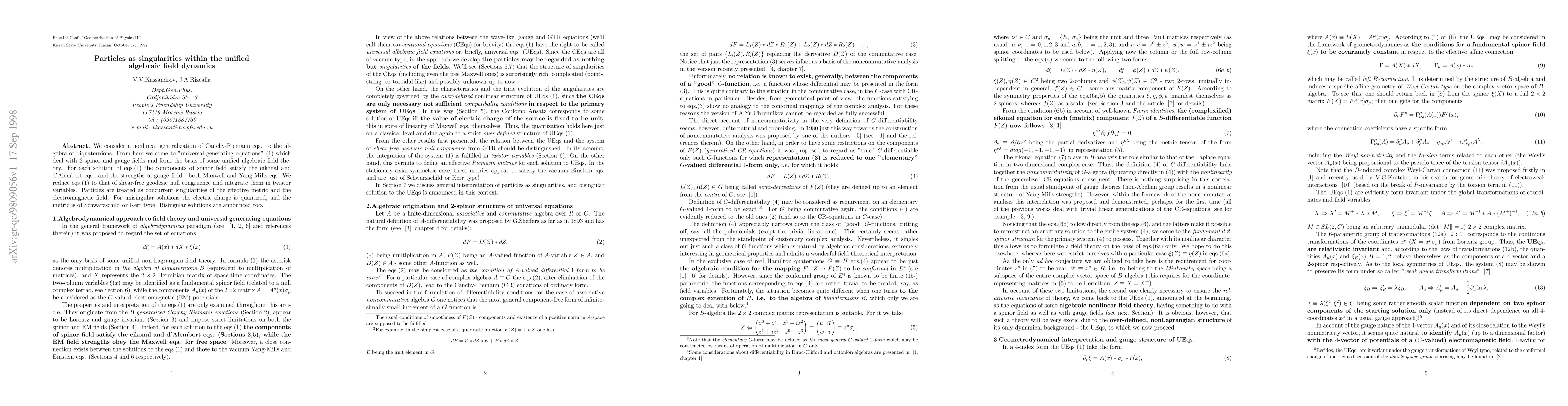 Thumbnail for Particles as singularities within the unified algebraic field dynamics