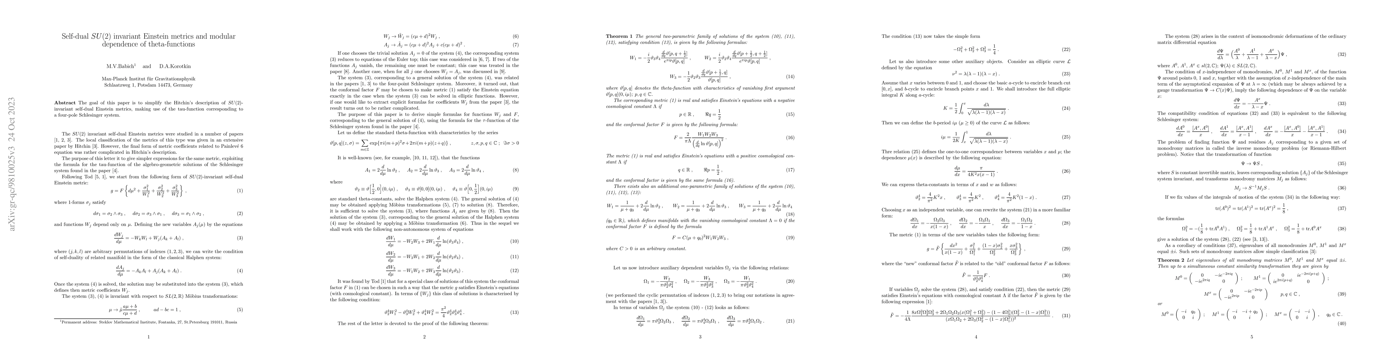 Thumbnail for Self-dual SU(2) invariant Einstein metrics and modular dependence of
  theta-functions