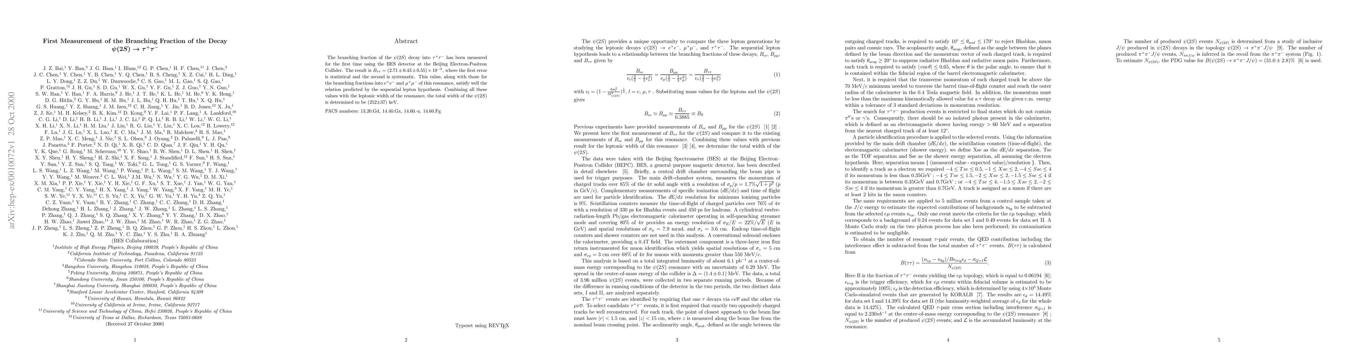 Thumbnail for First Measurement of the Branching Fraction of the Decay psi(2S) --> tau
  tau