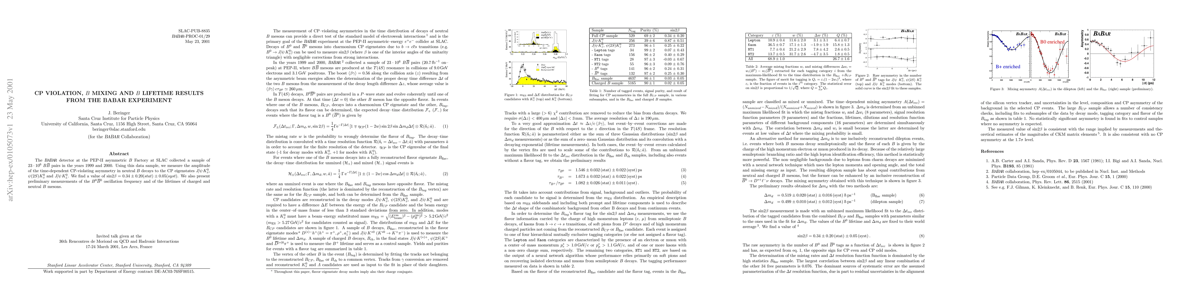 Thumbnail for CP violation, B mixing and B lifetime results from the BABAR experiment