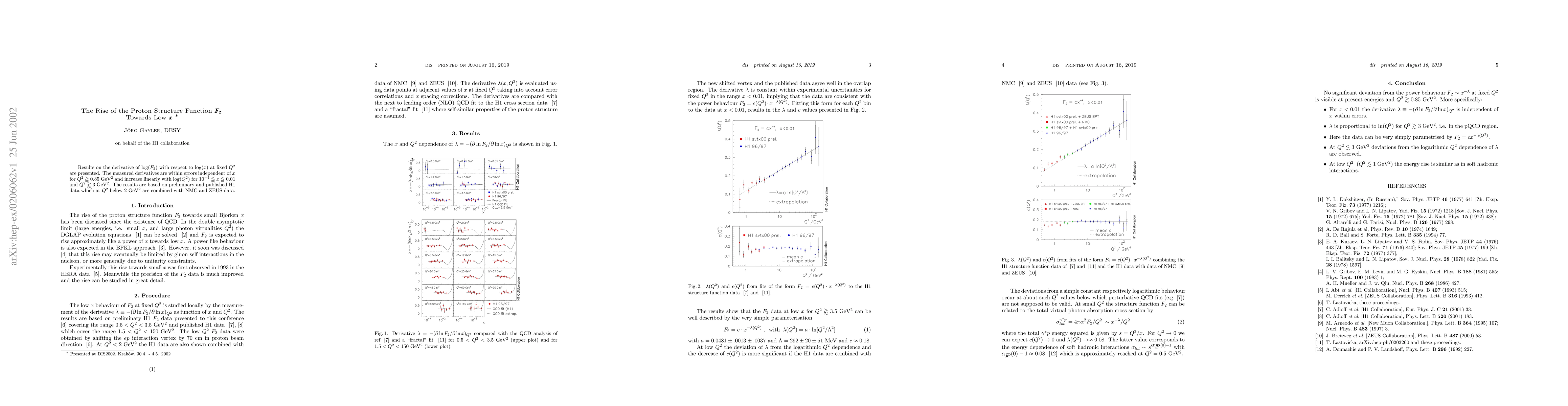 Thumbnail for The Rise of the Proton Structure Function F_2 Towards Low x