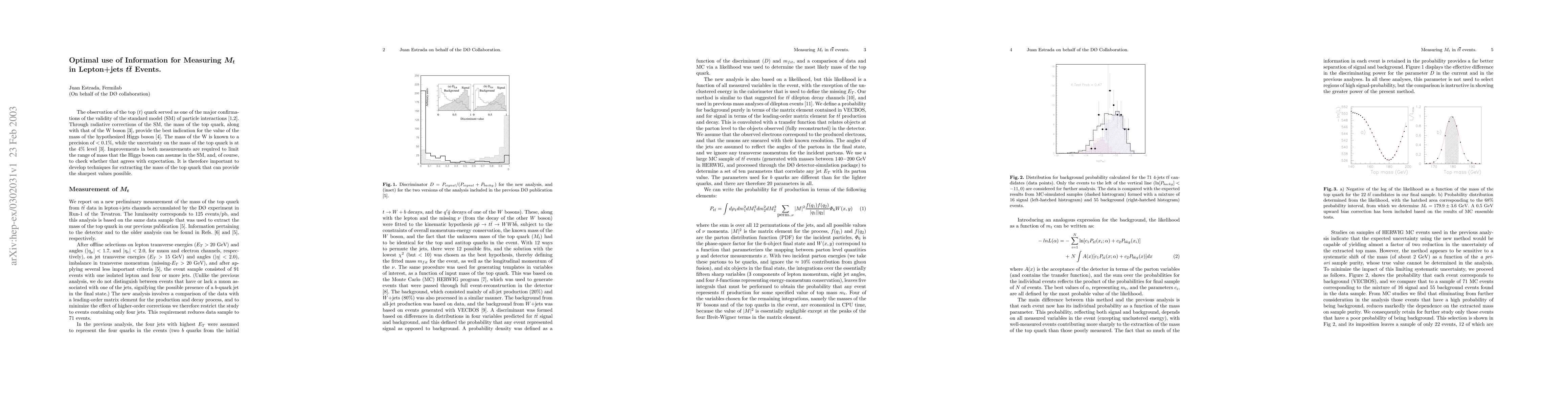 Thumbnail for Optimal use of Information for Measuring $M_t$ in Lepton+jets $t\bar{t}$
  Events