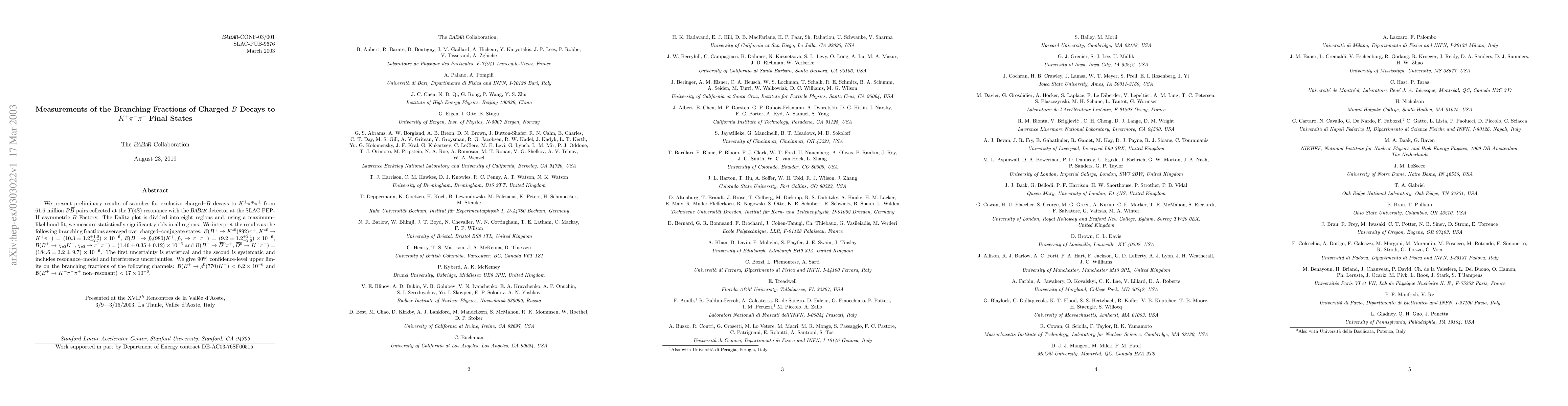 Thumbnail for Measurements of the Branching Fractions of Charged B Decays to K+ pi-
  pi+ Final States