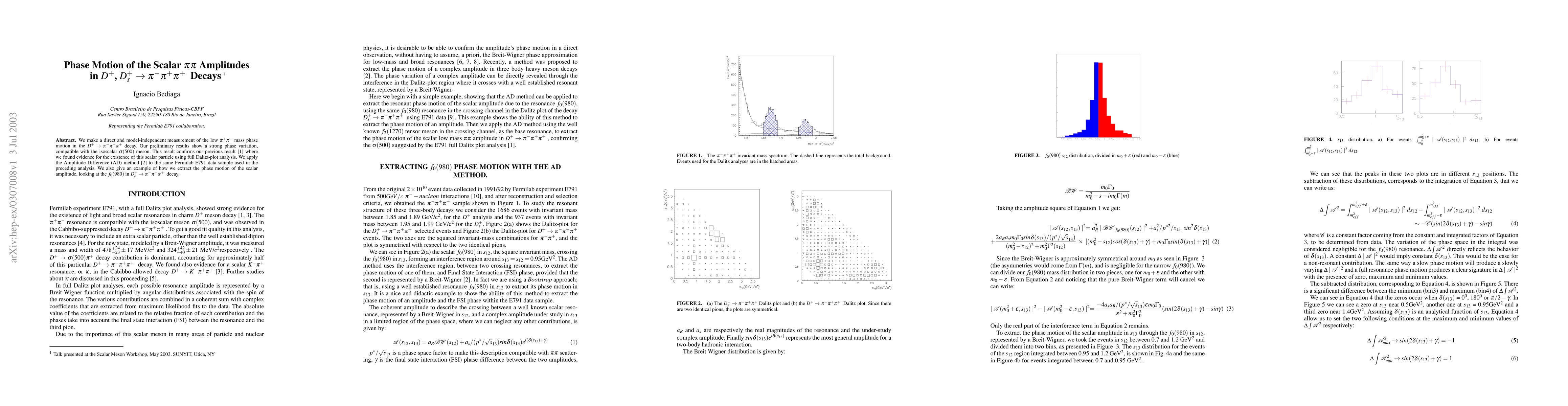 Thumbnail for Phase Motion of the Scalar $\pi \pi$ Amplitudes in $D^+$, $D^+_s \to
  \pi^-\pi^+\pi^+$ Decays