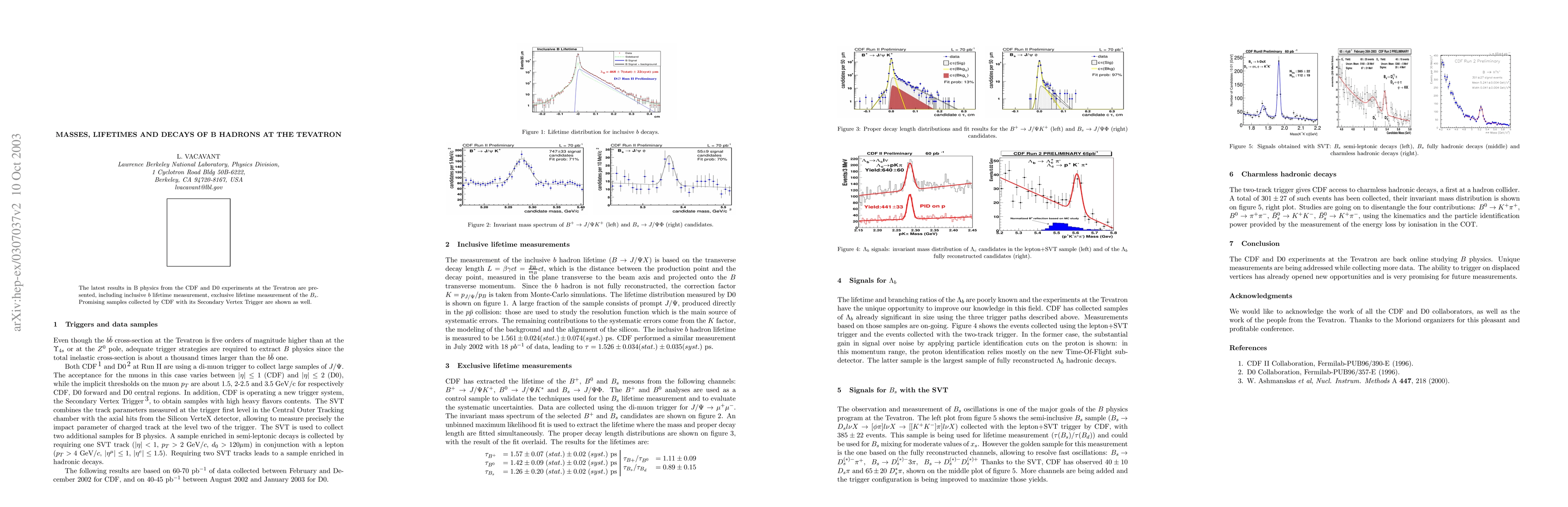 Thumbnail for Masses, Lifetimes and Decays of B Hadrons at the Tevatron