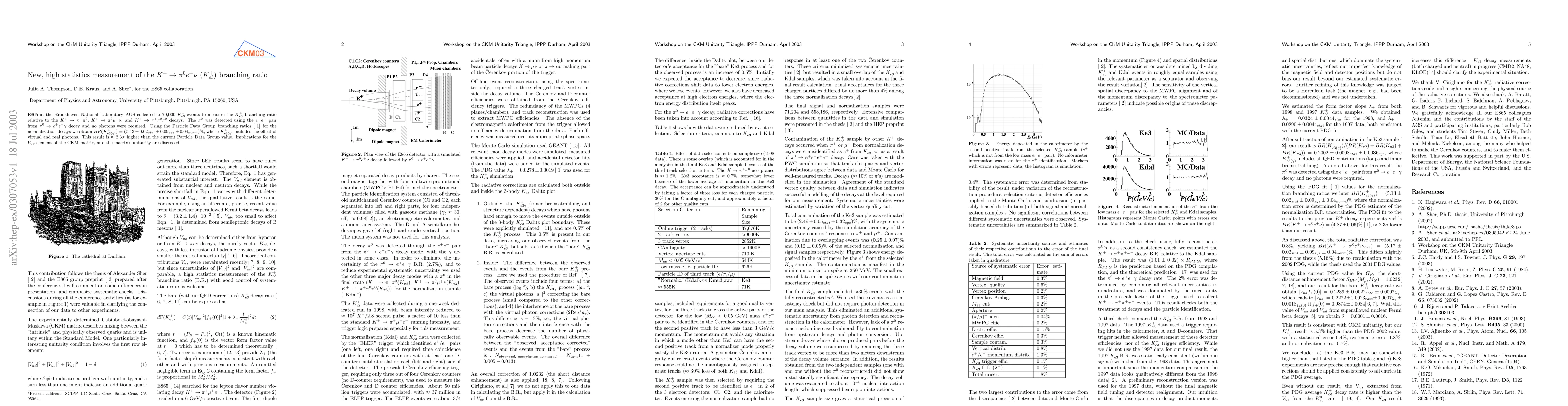 Thumbnail for New, high statistics measurement of the K+ -> pi0 e+ neutrino (K+e3)
  branching ratio