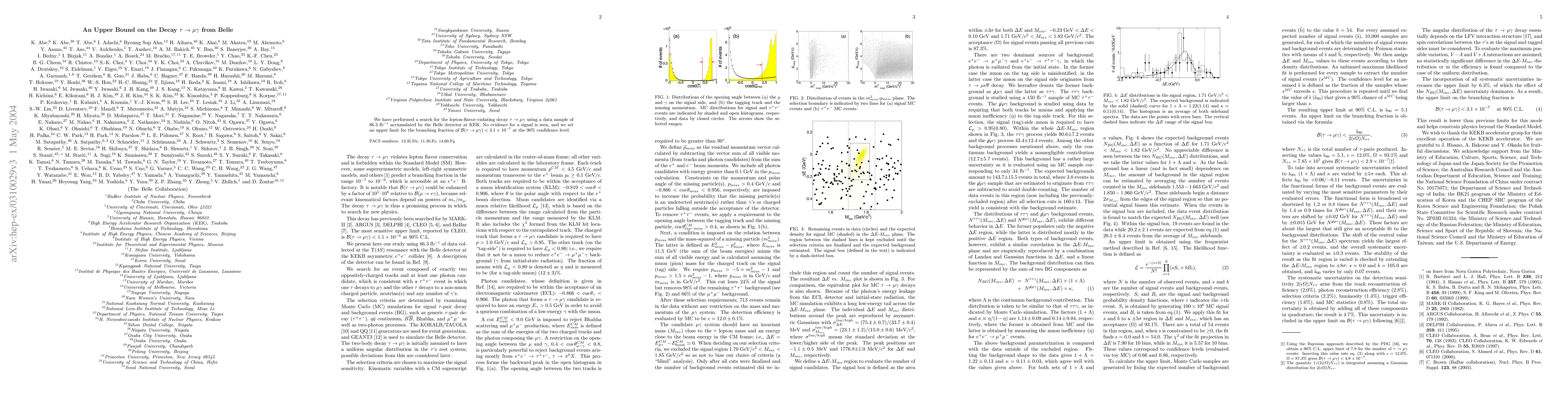 Thumbnail for An Upper Bound on the Decay tau -> mu gamma from Belle